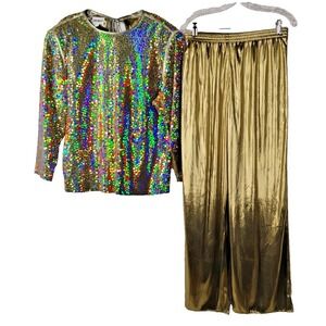 Vintage Caron Components Womens MEDIUM Sparkly 2pc Outfit Metallic Gold Disco